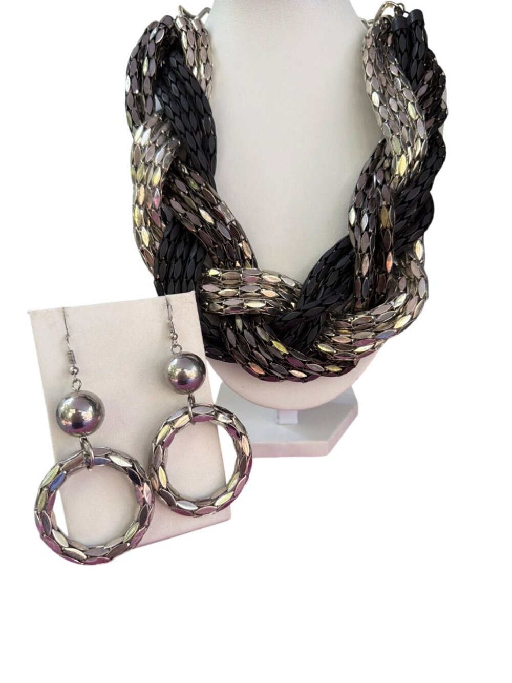 Silver Tone Gunmetal Mesh Braided Necklace Earring Set Chunky Statement NWOT